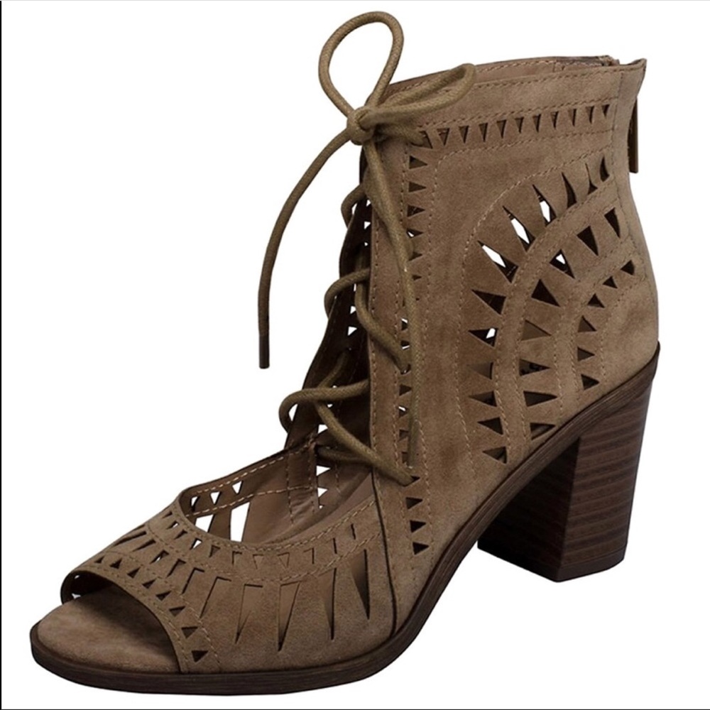 Taupe Laser Cut Gladiator Lace Up Peep Toe Sandal - Picture 4 of 5